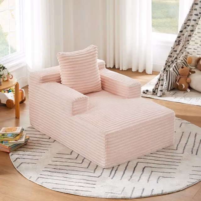 Divano Chaiselongue REDOM in velluto a coste rosa con funzione letto e cuscini inclusi