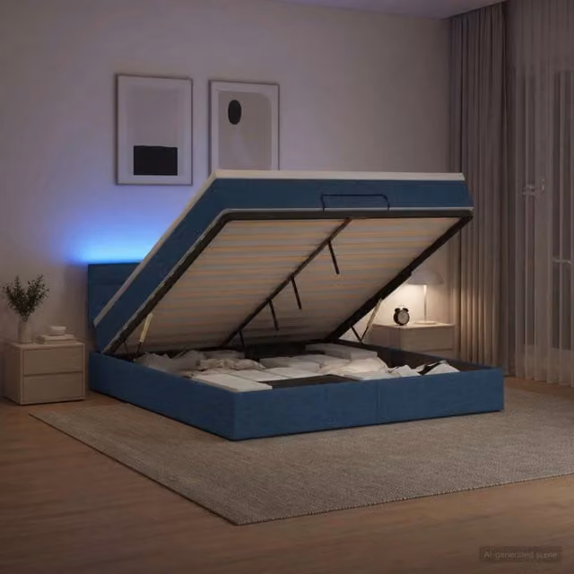 Letto Ottomano con Materasso Ibrido e Illuminazione LED Sotto il Letto vidaXL, Blu e Bianco, L 140 x P 200 cm