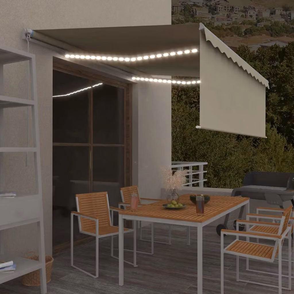 vidaXL Tenda da Sole Retrattile Manuale con LED in Poliestere e Alluminio, Colore Crema, L: 400 cm, P: 120 cm