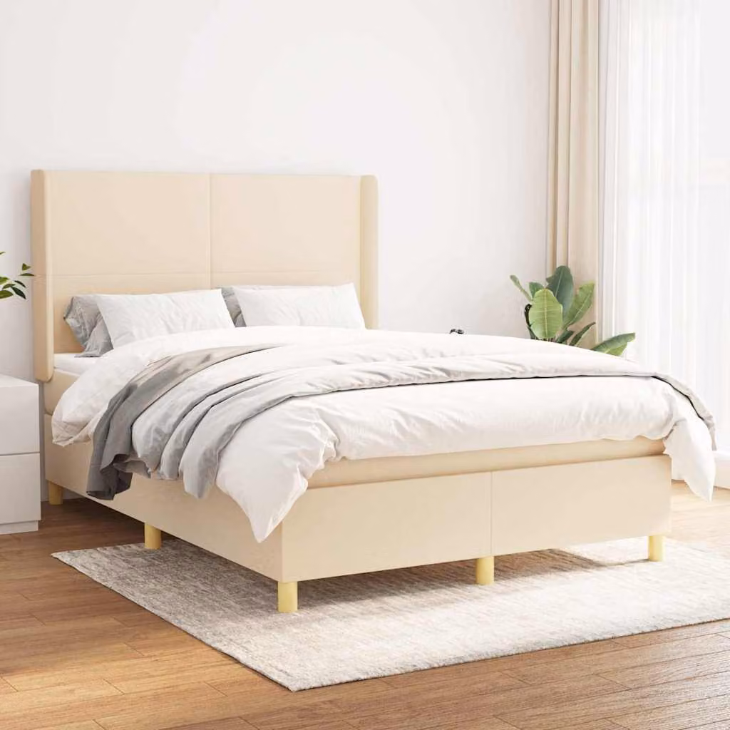 vidaXL Giroletto a Molle con Materasso Ibrido in Tessuto Beige e Bianco L/P/H: 200 x 140 x 128 cm