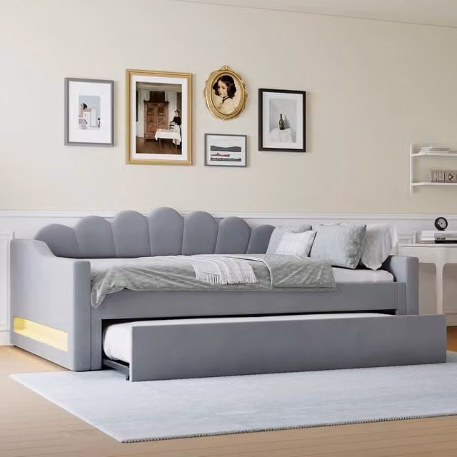 Letto Imbottito con LED e Letto Estraibile ¨C MINIMAL ¨C Grigio 140x200