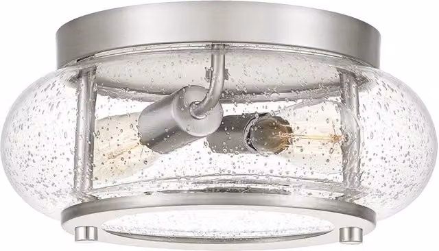 Plafoniera Industrial Nordica Trilogy Quoizel in Metallo Nichel Spazzolato e Vetro Trasparente con 2 Luci E27
