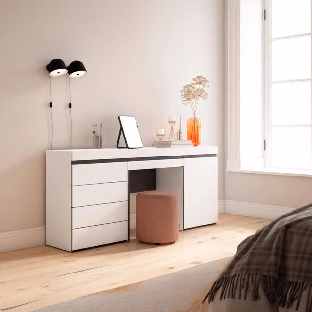 Tavolo da toeletta, 177x35x75cm, Con cassetto, Cassettiera, Bianco RF3453