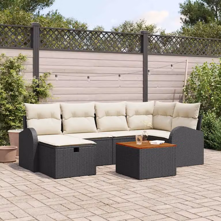Set Divano da Giardino vidaXL a L in Poly Rattan Nero con Cuscini e Tavolino da 7 Pezzi