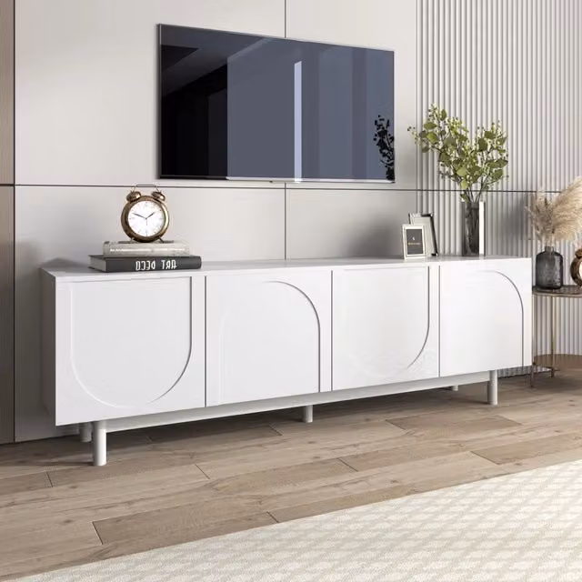 Mobile porta TV moderno OKWISH bianco con 4 ante push to open e ripiani regolabili per soggiorno L: 175 cm, P: 38 cm, H: 56 cm