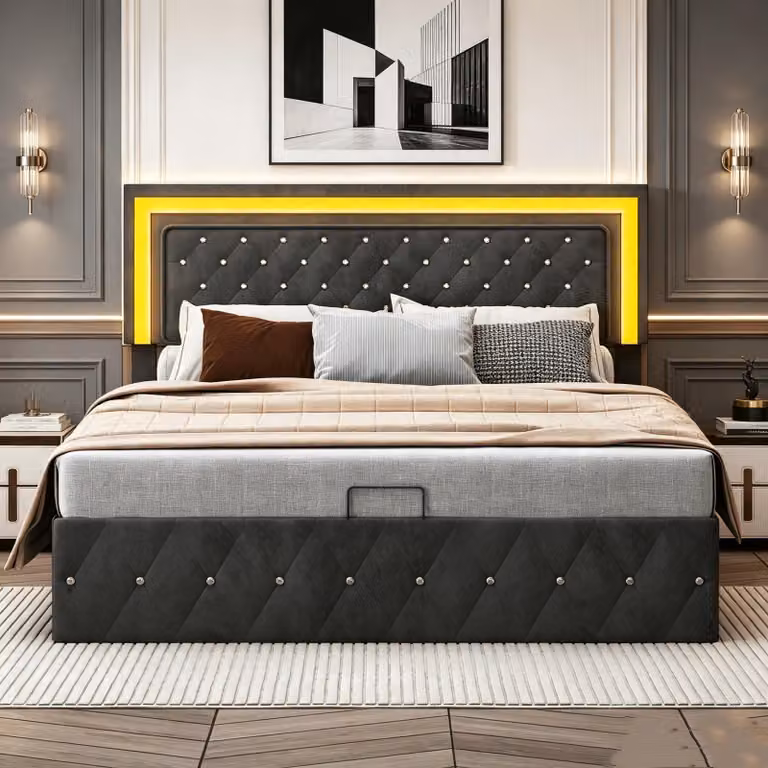 Letto matrimoniale con boxspring, dimensioni 160x200 cm, completo di rete a doghe e contenitore portaoggetti, letto a due piazze per ragazzi con illuminazione LED e cassettiera, letto contenitore multifunzionale, rivestito in velluto, colore nero