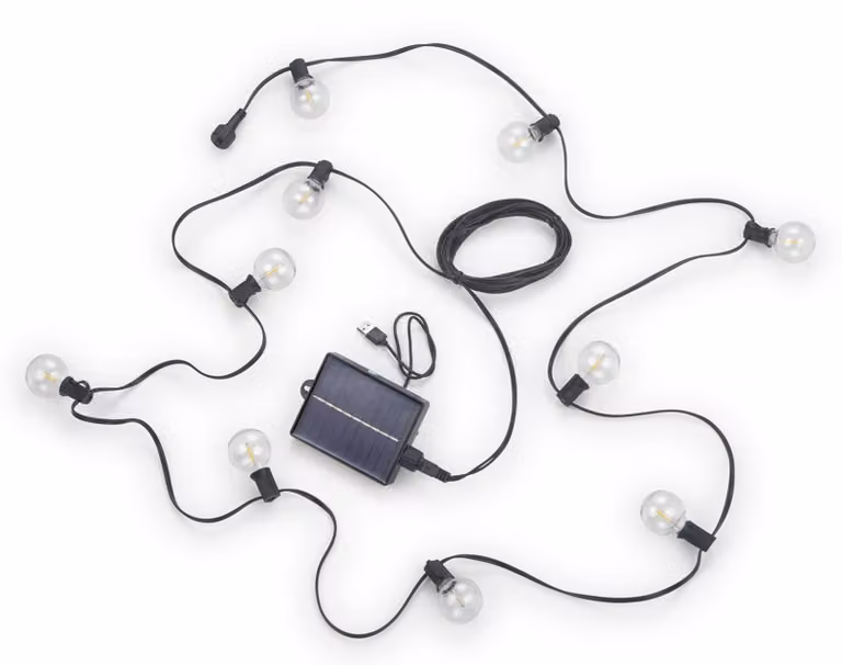 Catena luminosa solare, 5,7 metri, 10 LED, luce bianco caldo, dimmerabile, con telecomando