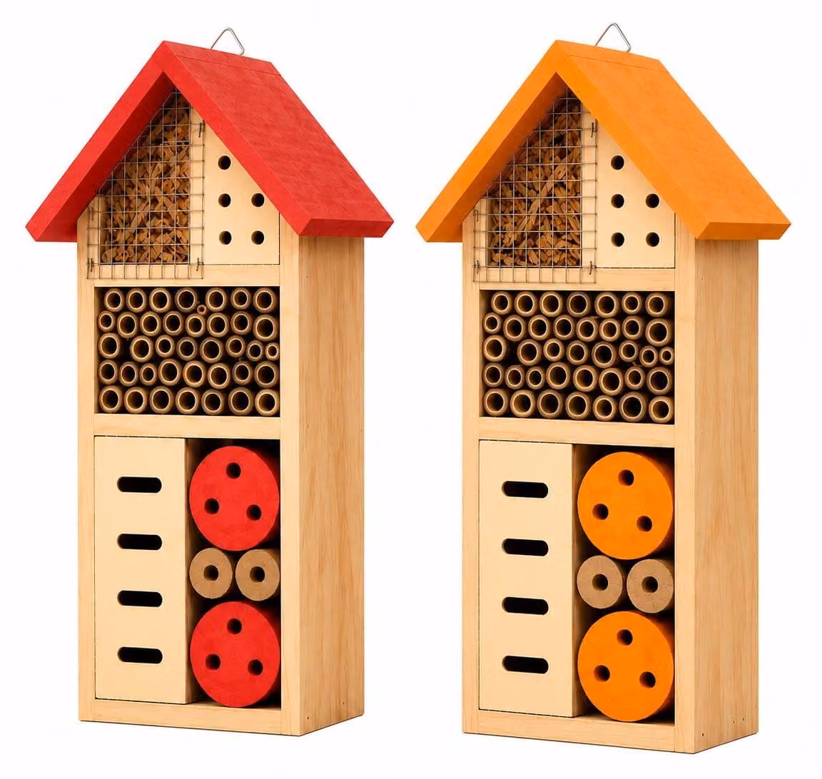 Benza – Set per hotel per insetti (2 pezzi) – Rosso e arancione – 13 x 8,5 x 26 cm – Hotel per api e farfalle in legno – Ideale per giardino, balcone e terrazza