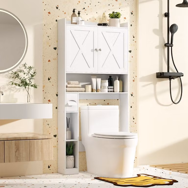 Costway Mobile contenitore sopra il WC per bagno e lavanderia con doppie ante e ripiani regolabili, Bianco