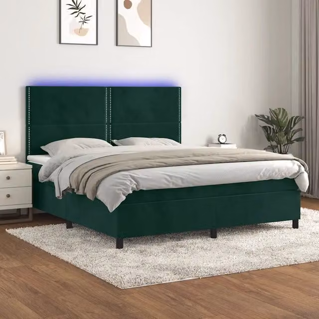 Letto matrimoniale con materasso ibrido vidaXL in velluto verde scuro con illuminazione LED sottostante e porte USB, L: 180 cm, P: 200 cm, H: 128 cm – 1