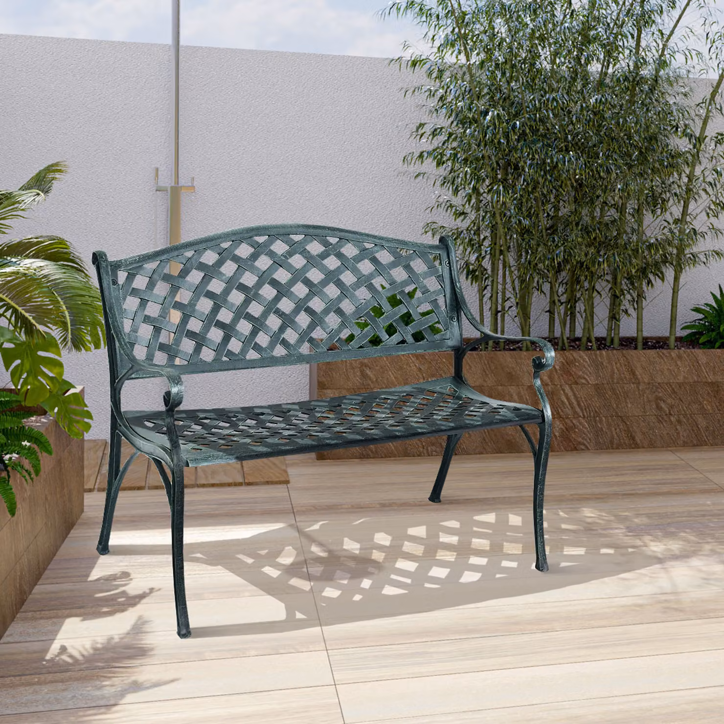 COSTWAY panchina da giardino in ghisa, panca in metallo caricabile fino a 210kg, panca da riposo per giardino, panca con schienale 102x62x83cm