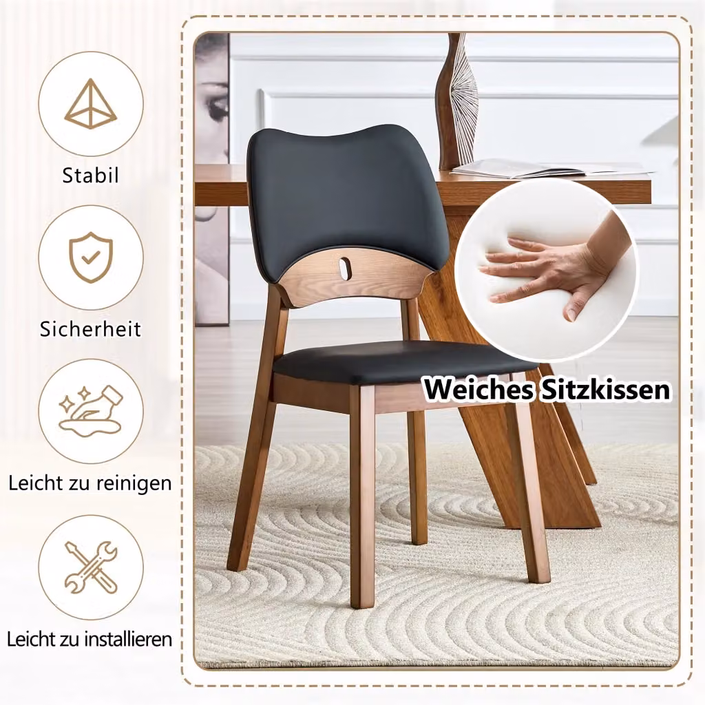Set da 2 sedie da pranzo OKWISH in legno di caucciù con seduta imbottita in ecopelle nera e design moderno – 2