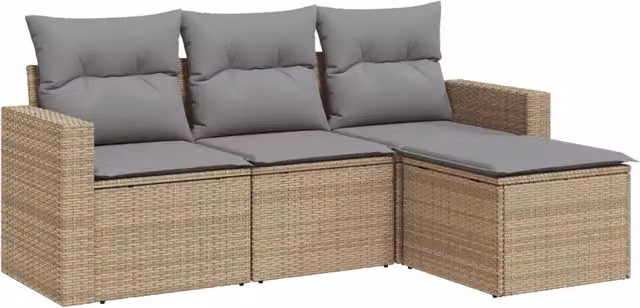 Set Divano da Giardino 4 pz | Set Salotto da Giardino con Cuscini Beige in Polyrattan