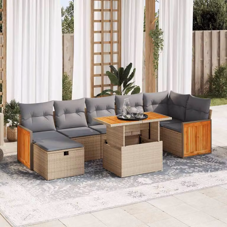 Set Divano da Giardino vidaXL a Forma di L composto da 5 Pezzi con Cuscini Beige e Tavolino, Struttura in Metallo e Polyrattan per Terrazza e Balcone