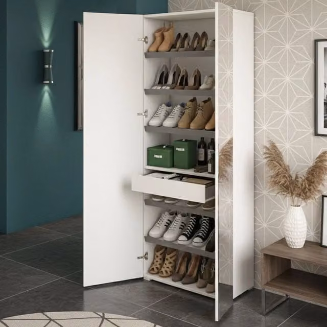 Mobile Portascarpe Eracle DMORA Bianco con Specchio e Ante in Vetro L/P/H: 72 x 37 x 195 cm