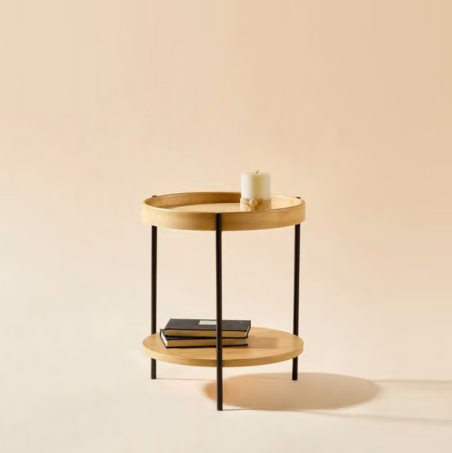 Set 2 tavolini rotondi ULEVR ?69x38 e ?44x48 cm a doppio ripiano, legno massello e MDF naturale