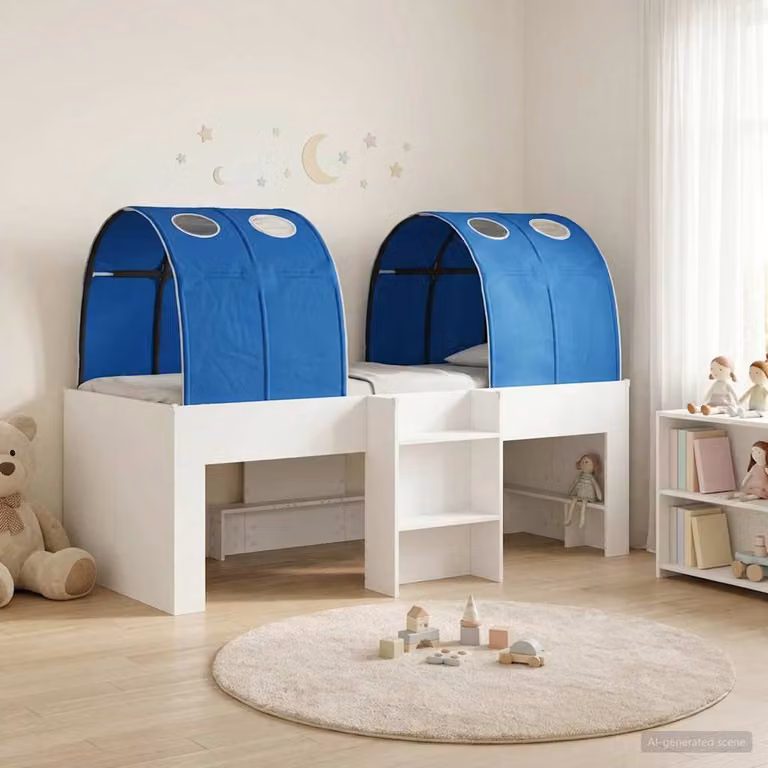 vidaXL Letto Alto per Bambini con Tunnel in Legno e Tessuto, Bianco e Blu, L: 203 cm, P: 120 cm, H: 111 cm