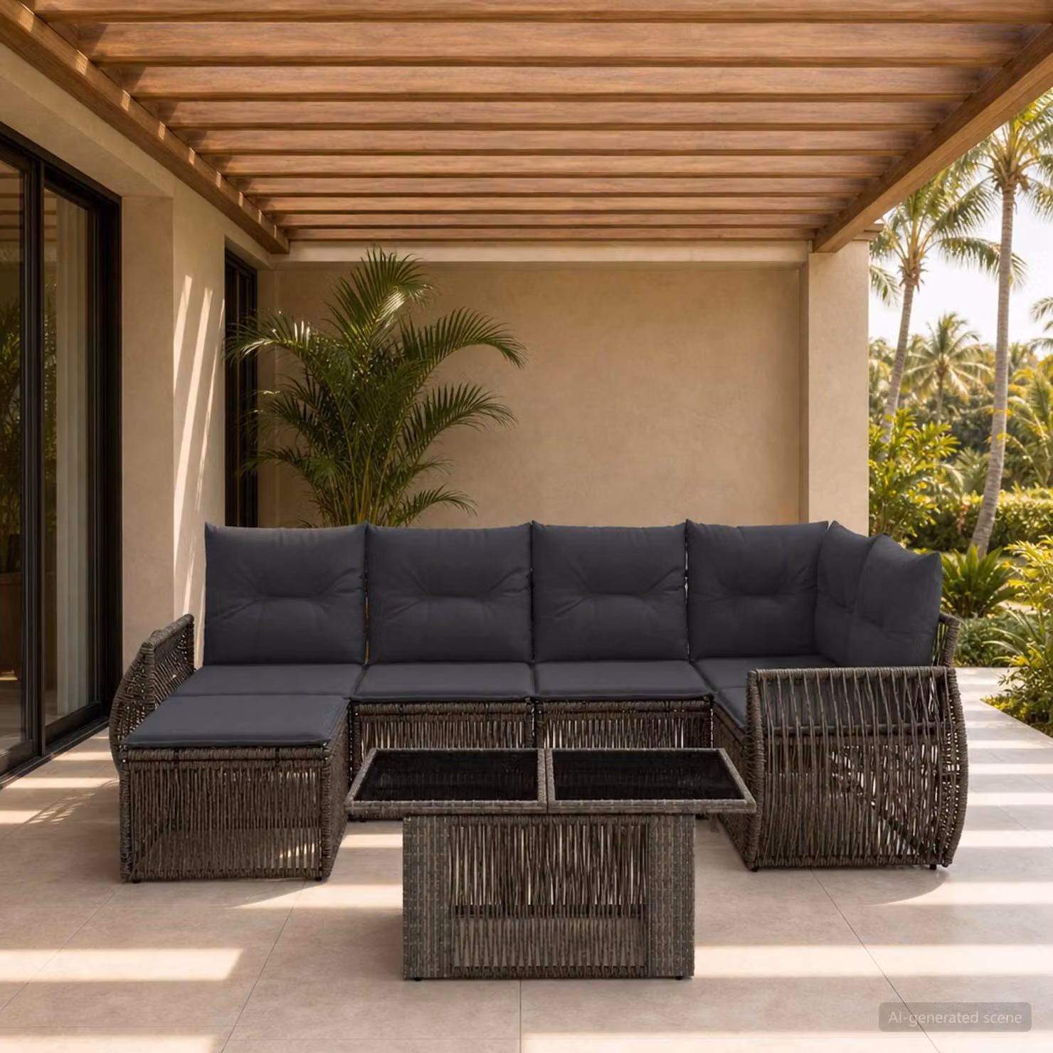 Set Divano da Giardino vidaXL 7 Pezzi in Polyrattan Grigio e Antracite con Tavolino e Cuscini