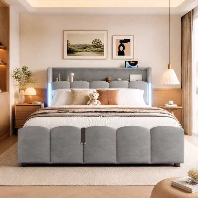 Letto contenitore Mivray in velluto grigio con vano idraulico, testiera con scomparto, illuminazione LED e porte USB e Type-C, L/P/H: 140 x 200 cm