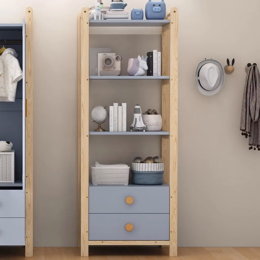 Libreria con 3 vani aperti e 2 cassetti con maniglie in legno per soggiorno e camera da letto, L: 70 cm, P: 44 cm, H: 180 cm, Colore Blu e Marrone – 2
