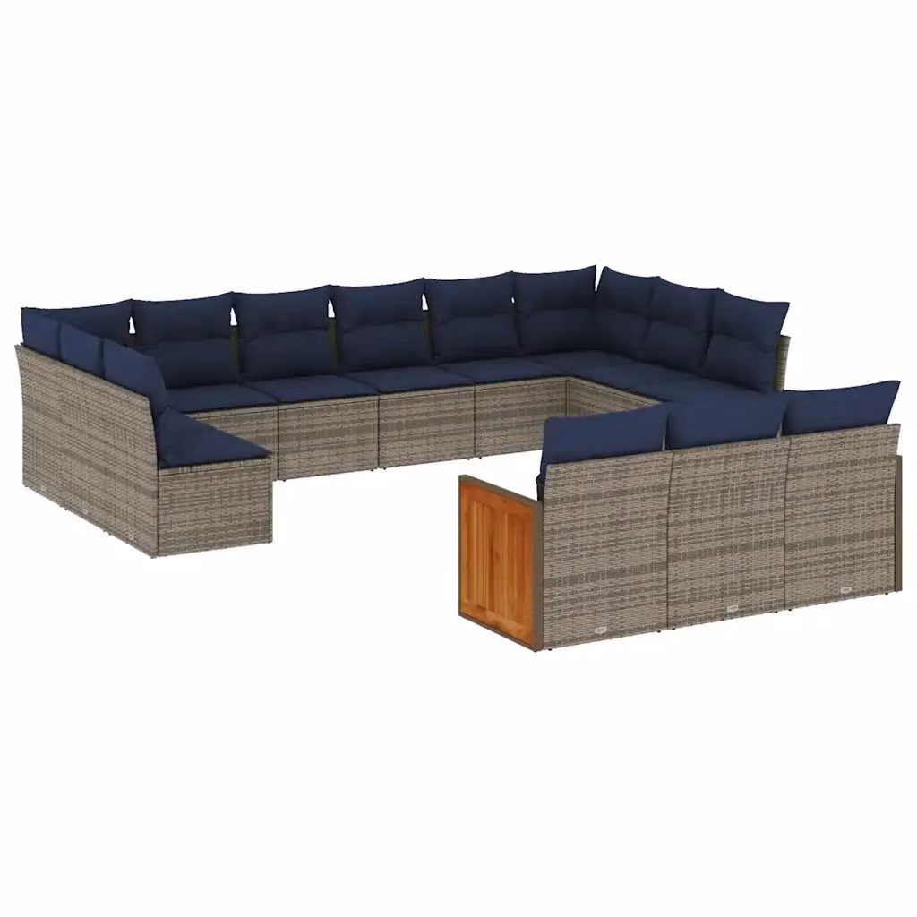 Set di Divani da Giardino vidaXL in Polyrattan Grigio e Blu con Cuscini e Struttura in Legno di Acacia a Forma di U – 2