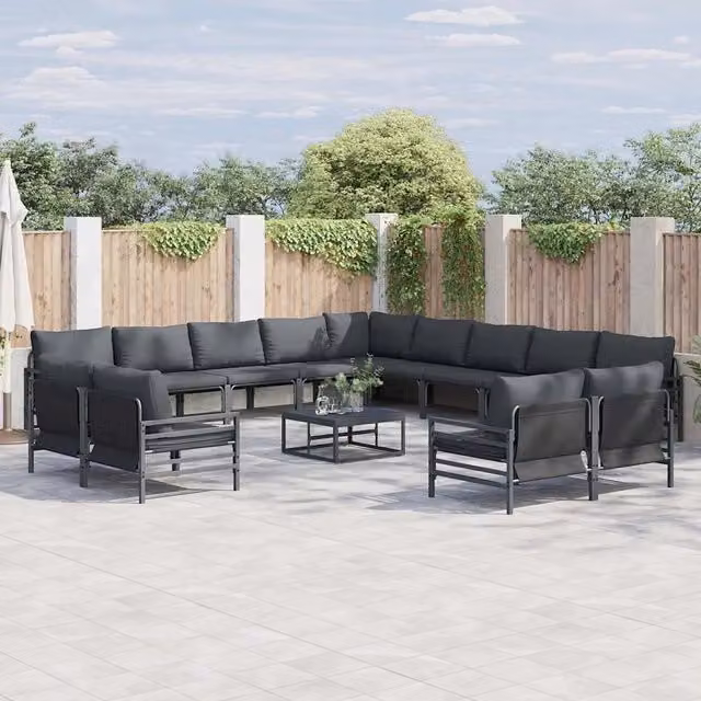 Set Divano da Giardino a L vidaXL in Acciaio Antracite con Tavolino e Cuscini, 13 Pezzi