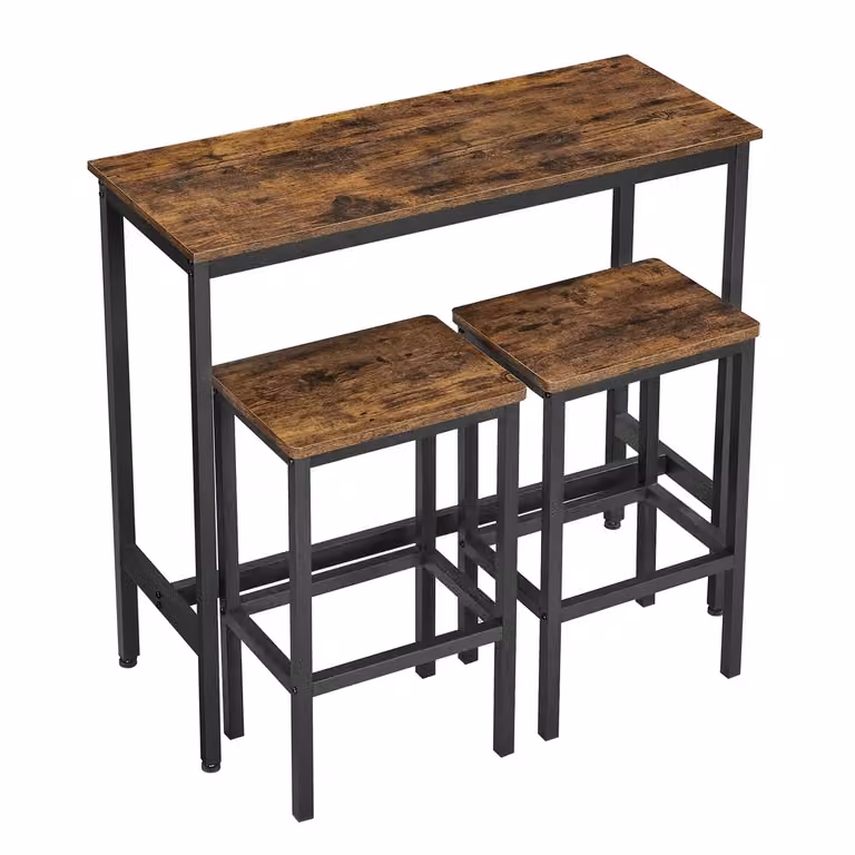 Set di Tavolo da Bar e 2 Sgabelli Marrone Vintage, Marrone Vintage + Nero Inchiostro