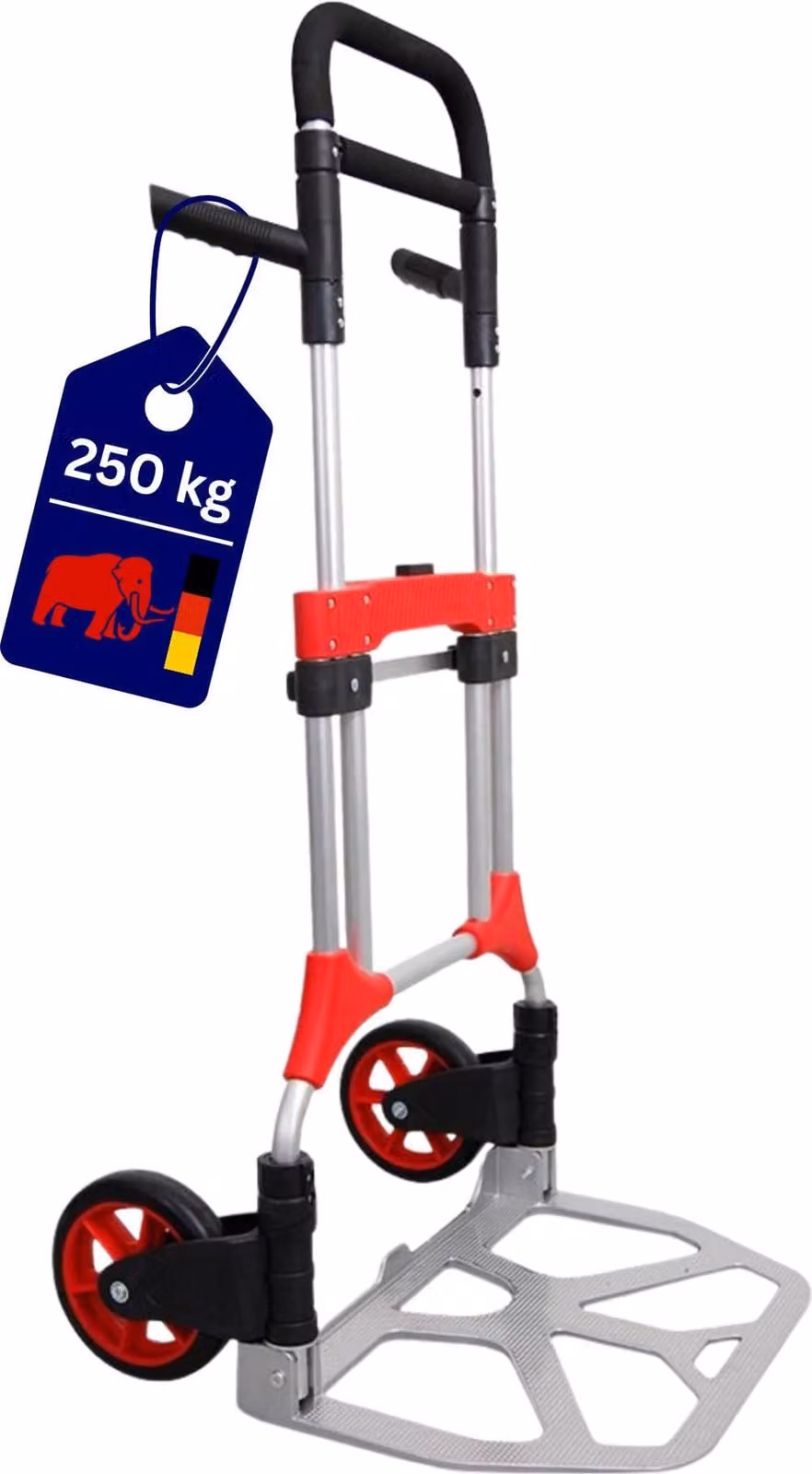 Carrello porta sacchi professionale pieghevole in alluminio ELEPHANT | portata 250 kg | HxLxP 124x60x61 cm | telaio in alluminio, maniglie ergonomiche, pneumatici in gomma piena antiforatura | argento | carrello elevatore da trasporto