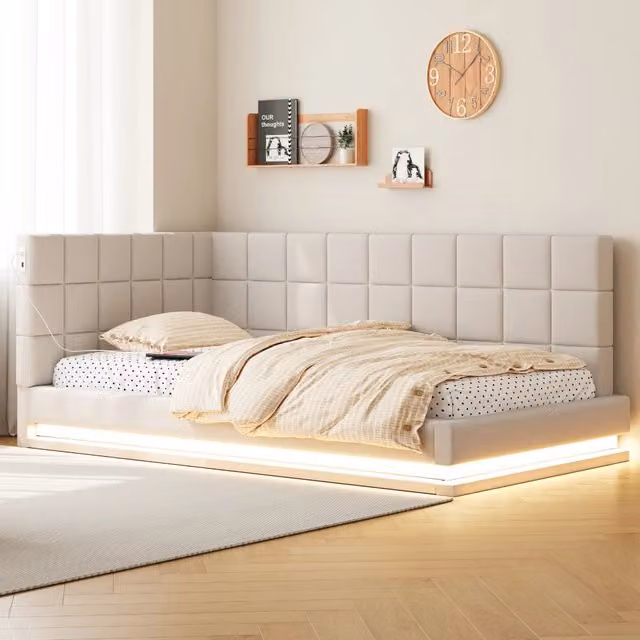 Letto Imbottito Singolo con LED e USB ¨C MINIMAL ¨C Tessuto Lino Beige, Rete a Doghe, 90x200