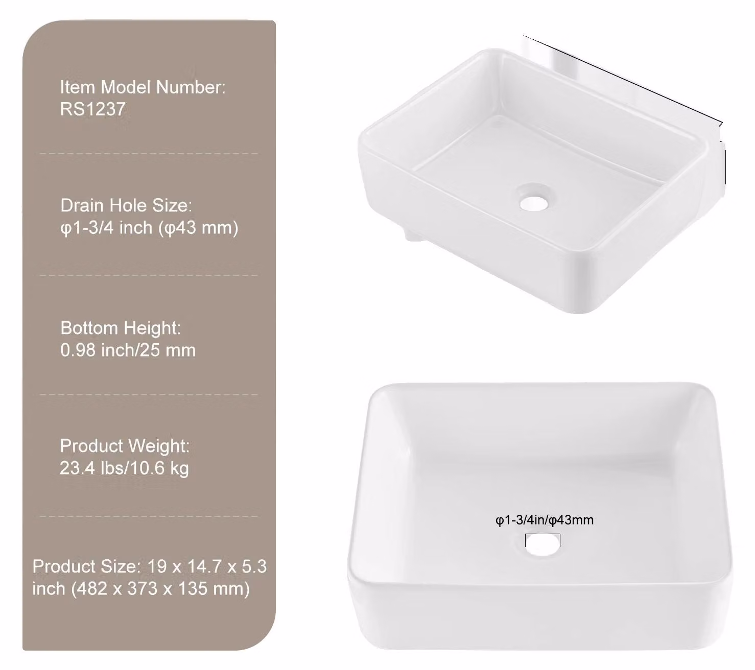 Lavabo, forma rettangolare, materiale ceramico resistente, dimensioni 19x14,7 pollici