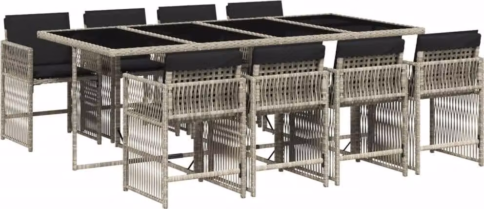 Set Pranzo da Giardino 9pz con Cuscini Grigio Chiaro Polyrattan