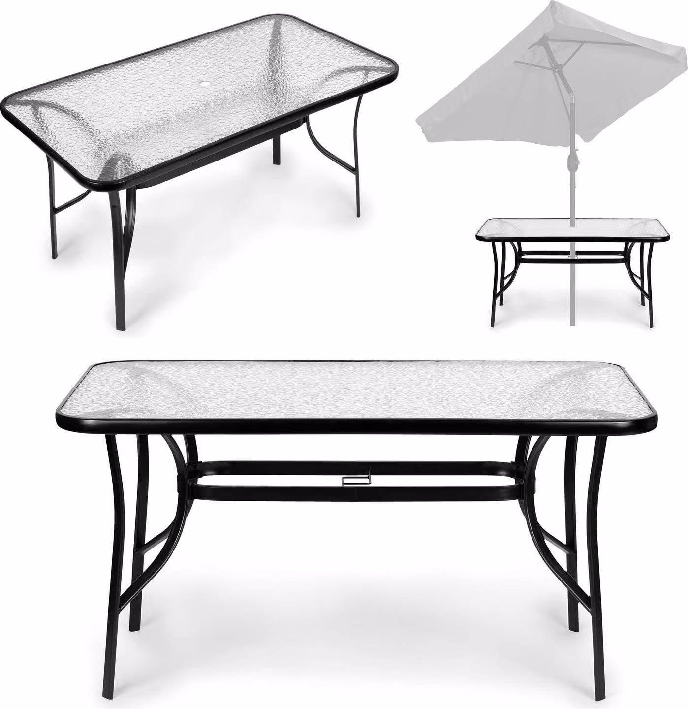 Tavolo da giardino in vetro 120x70 cm, per terrazzo e giardino, vetro temperato, foro per ombrellone, MultiGarden