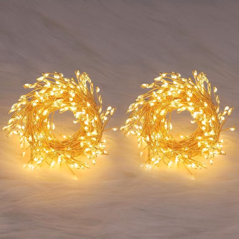 Catena luminosa da 10 metri, con 600 LED, luce bianca calda, grado di protezione IP44, con telecomando e timer