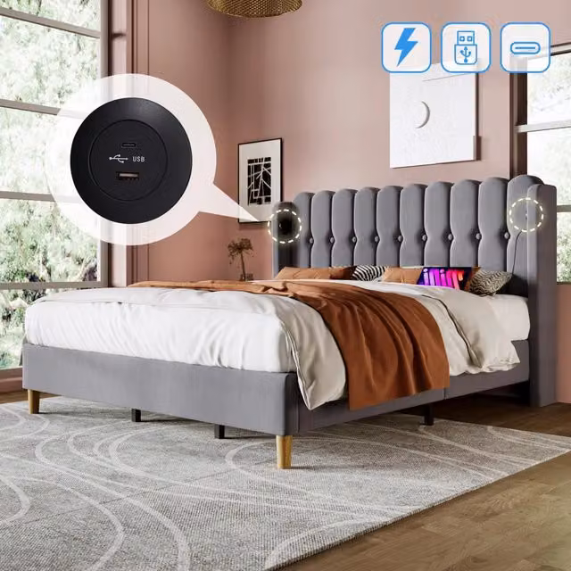 Letto imbottito matrimoniale con ricarica USB Type-C, rete a doghe, 180 x 200 cm, per ragazzi, camera o ospiti - lino, grigio