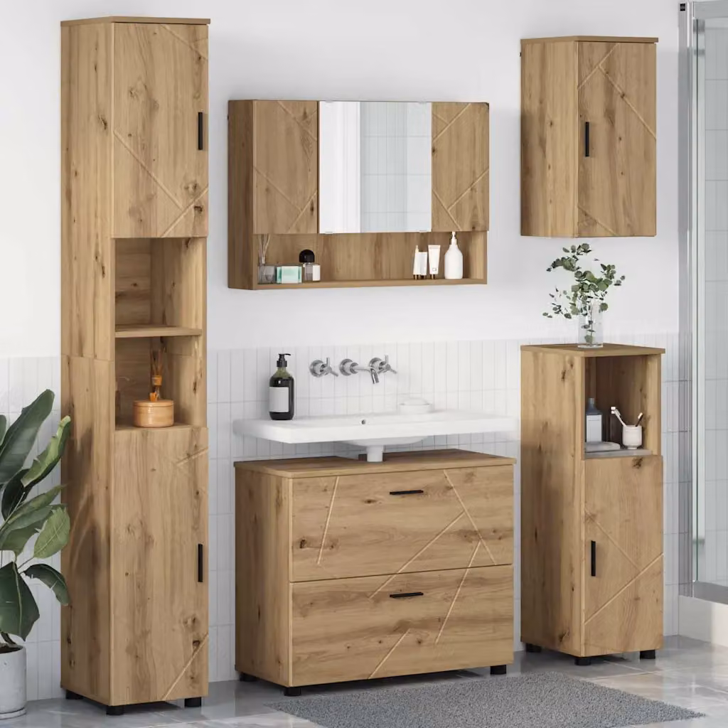 Set di mobili per il bagno moderno vidaXL in legno e metallo color rovere, composto da 5 pezzi con mobile sottolavabo, armadietto con specchio, mobile laterale e colonna alta