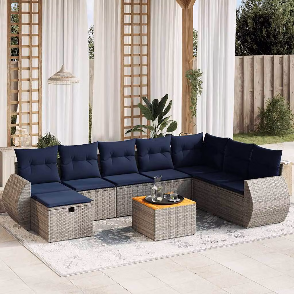 Set di divani da giardino vidaXL 9 pezzi con cuscini grigi e blu in rattan e struttura in metallo con tavolino e pouf per esterno