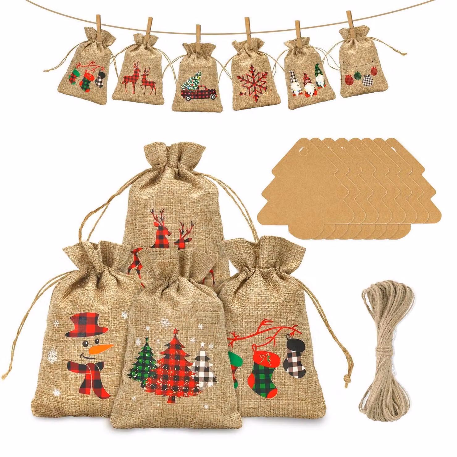 Calendario dell'Avvento con 24 sacchetti di juta da riempire, dimensioni 10x15 cm, con decorazioni e corda di juta