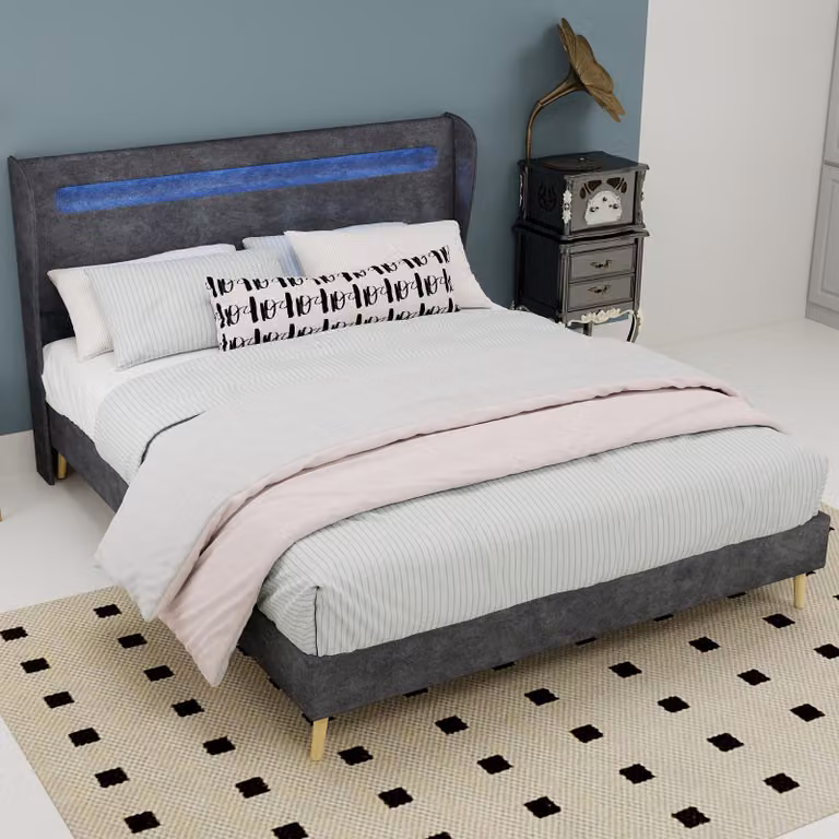 MODFU Letto imbottito moderno 140x200 con illuminazione LED cambia colore e testata, mobili per camera da letto letto letto matrimoniale con diversi supporti, senza materasso, grigio