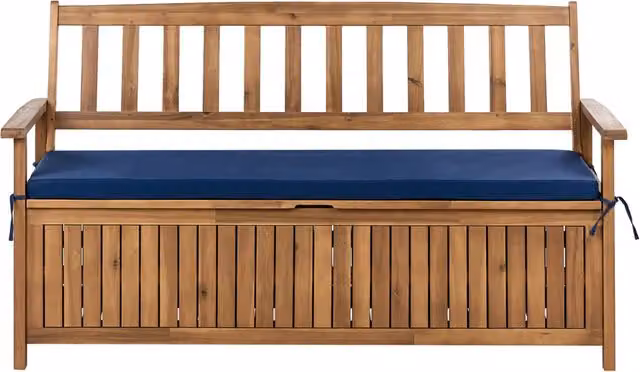 Panca da esterno con contenitore in legno massello di acacia, con cuscino in tessuto blu da 160 cm elegane stile classico