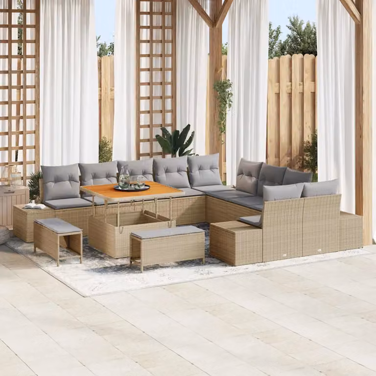 Set Divano da Giardino vidaXL 13 Pezzi Beige con Cuscini e Tavolino in Rattan e Acciaio