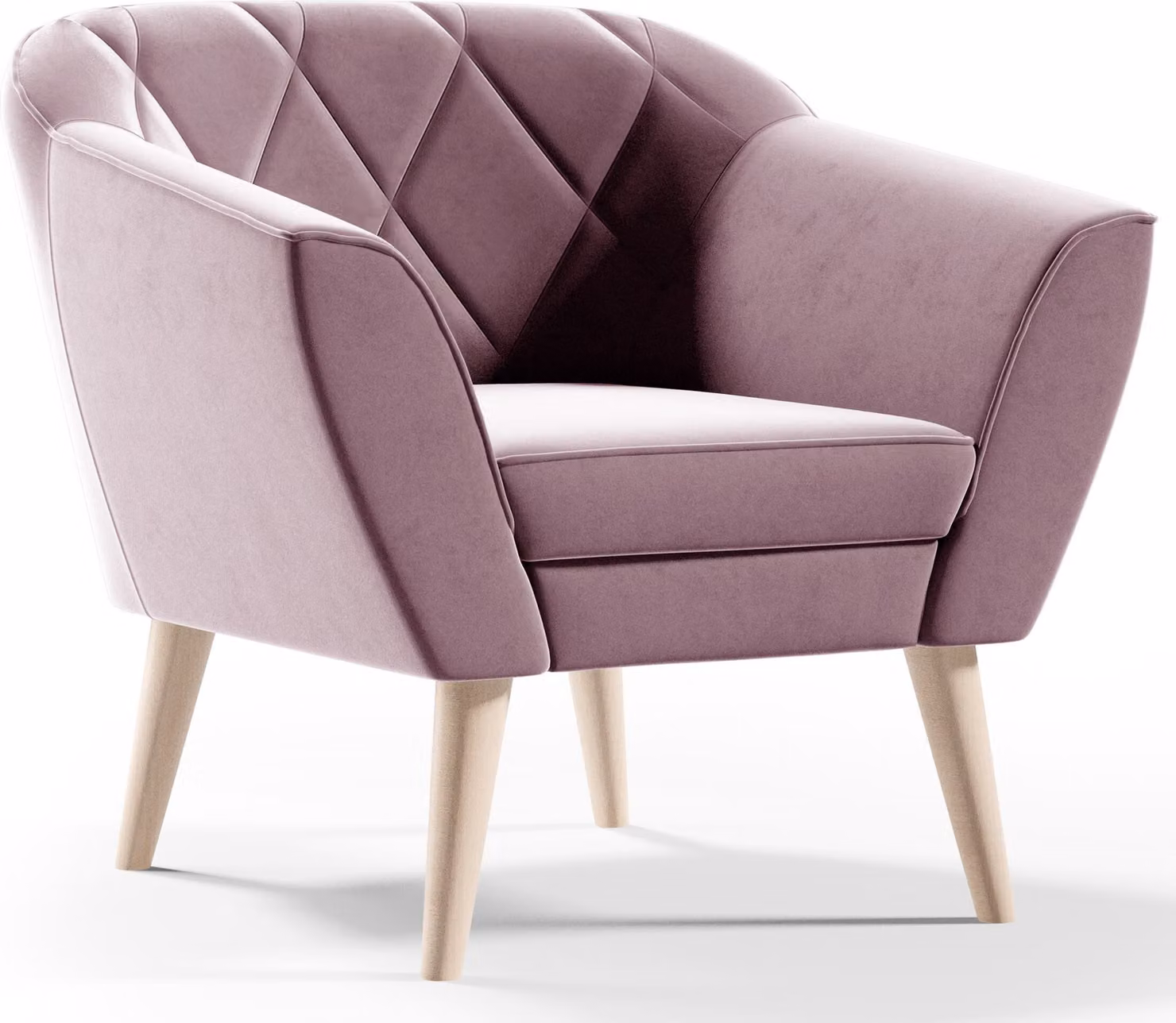 Poltrona in velluto GUTTO, poltrona reclinabile KARO rosa, poltrona TV in stile scandinavo, poltrona imbottita su gambe alte in legno, gambe alte, mo
