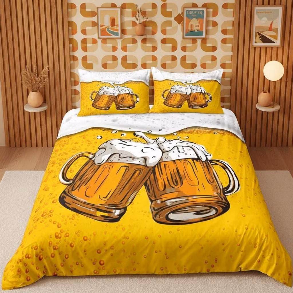 Solidchoice - Set di lenzuola con copripiumino a tema "Bicchieri di birra", 135 x 200 cm