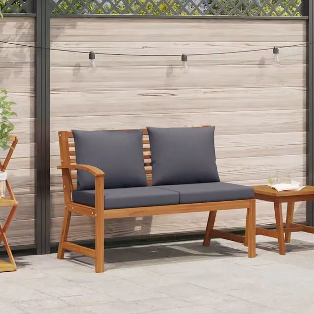 Panchina da giardino in legno di acacia con cuscino grigio e braccioli L: 114,5 cm