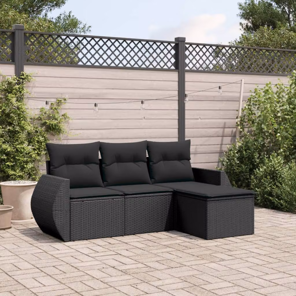 Set di divani da giardino vidaXL 4 pezzi in polyrattan nero con cuscini e pouf a forma di L – 1