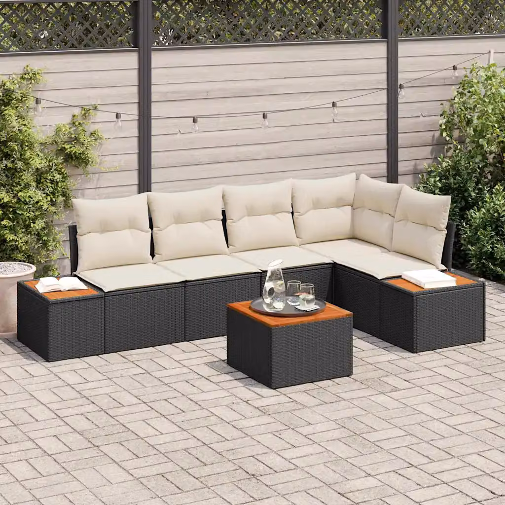 Set Divano da Giardino vidaXL 6 Pezzi a Forma di L con Cuscini e Tavolino Nero in Rattan e Metallo – 1