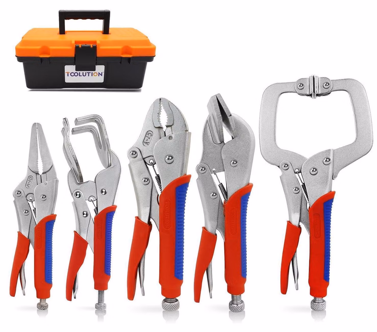 Set di pinze a morsetto, 5 pezzi, acciaio Cr-V, morsetto a C, becche lunghe, bocca rotonda