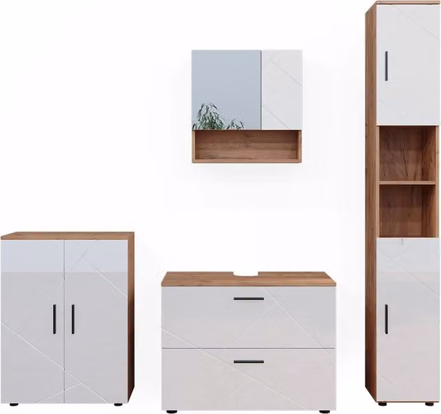 Set di mobili da bagno Irma Bianco lucido/Rovere dorato 4 pezzi Vicco
