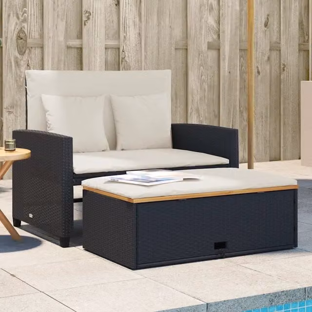 Divano Giardino con Cuscini 2 Posti-Sofa da Giardino-Divanetto da esterno Nero Polyrattan e Acacia