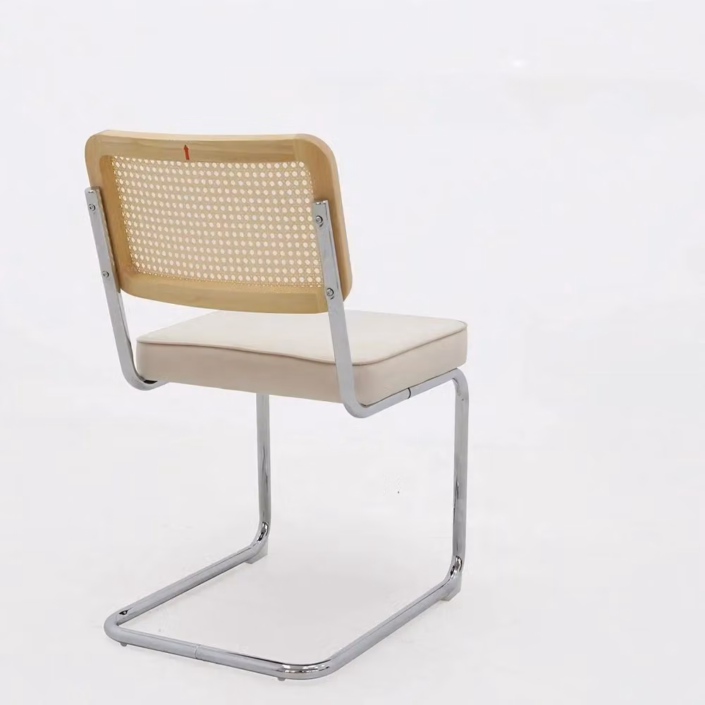 Set di 2 sedie da pranzo Minimal in velluto beige con dettagli in rattan e gambe in metallo cromato design moderno mid-century – 2