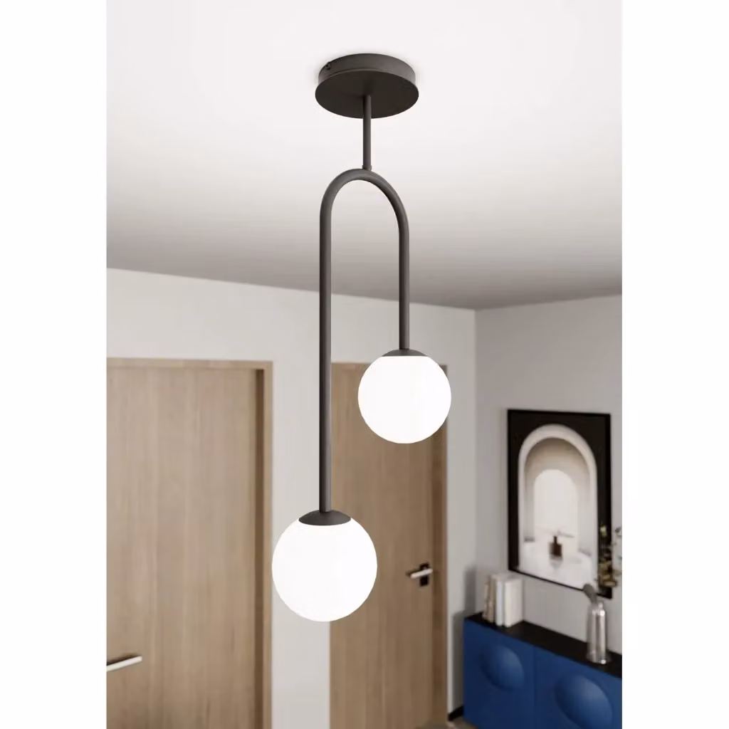 Lampada a soffitto moderna Luceart-Classic con 2 luci in acciaio nero e sfere in vetro opale bianco – 2